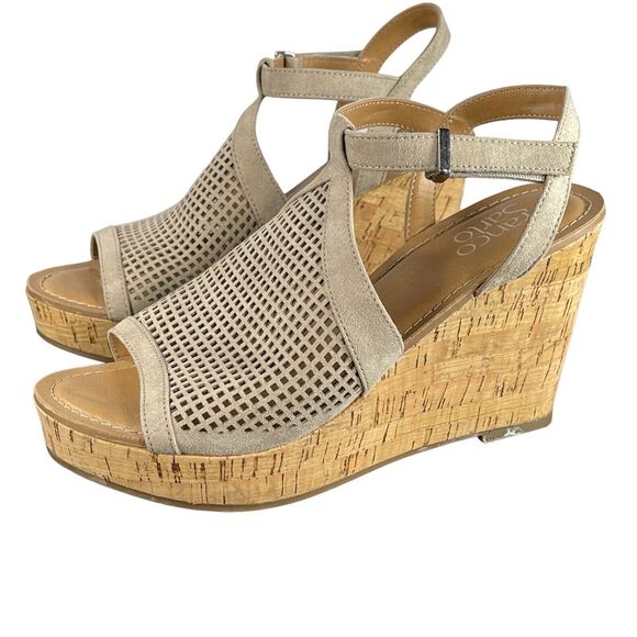 NWOB Franco Sarto CANYON Taupe Wedge Sandal Laser Cut SIZE 7 Womens Shoes Open - Picture 1 of 9